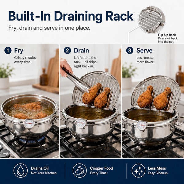 FryMaster™ Stainless Steel Deep-Fry Pot with Draining Rack & Thermometer