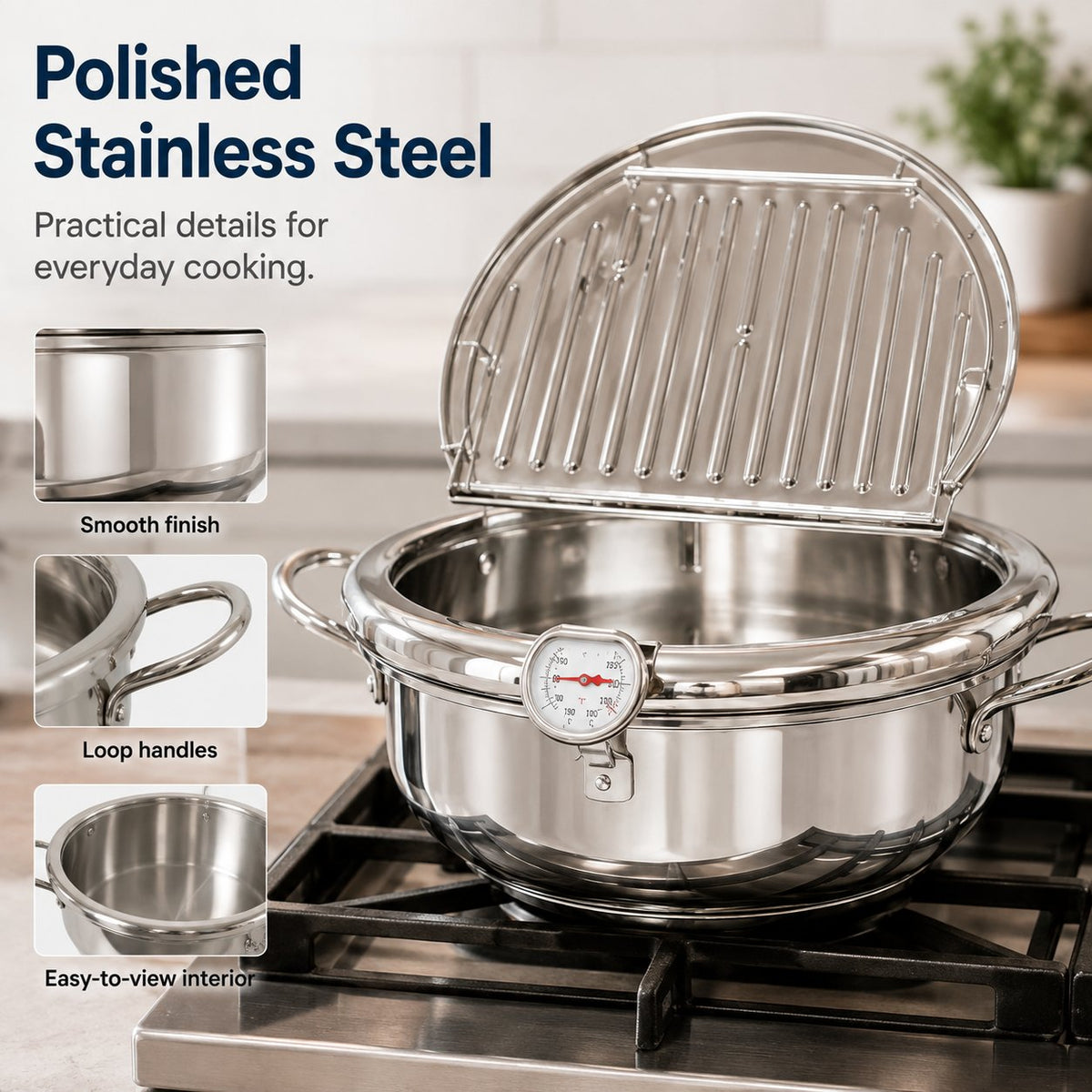 FryMaster™ Stainless Steel Deep-Fry Pot with Draining Rack & Thermometer
