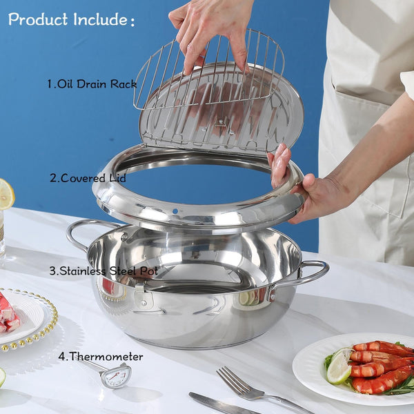 FryMaster™ Stainless Steel Deep-Fry Pot with Draining Rack & Thermometer
