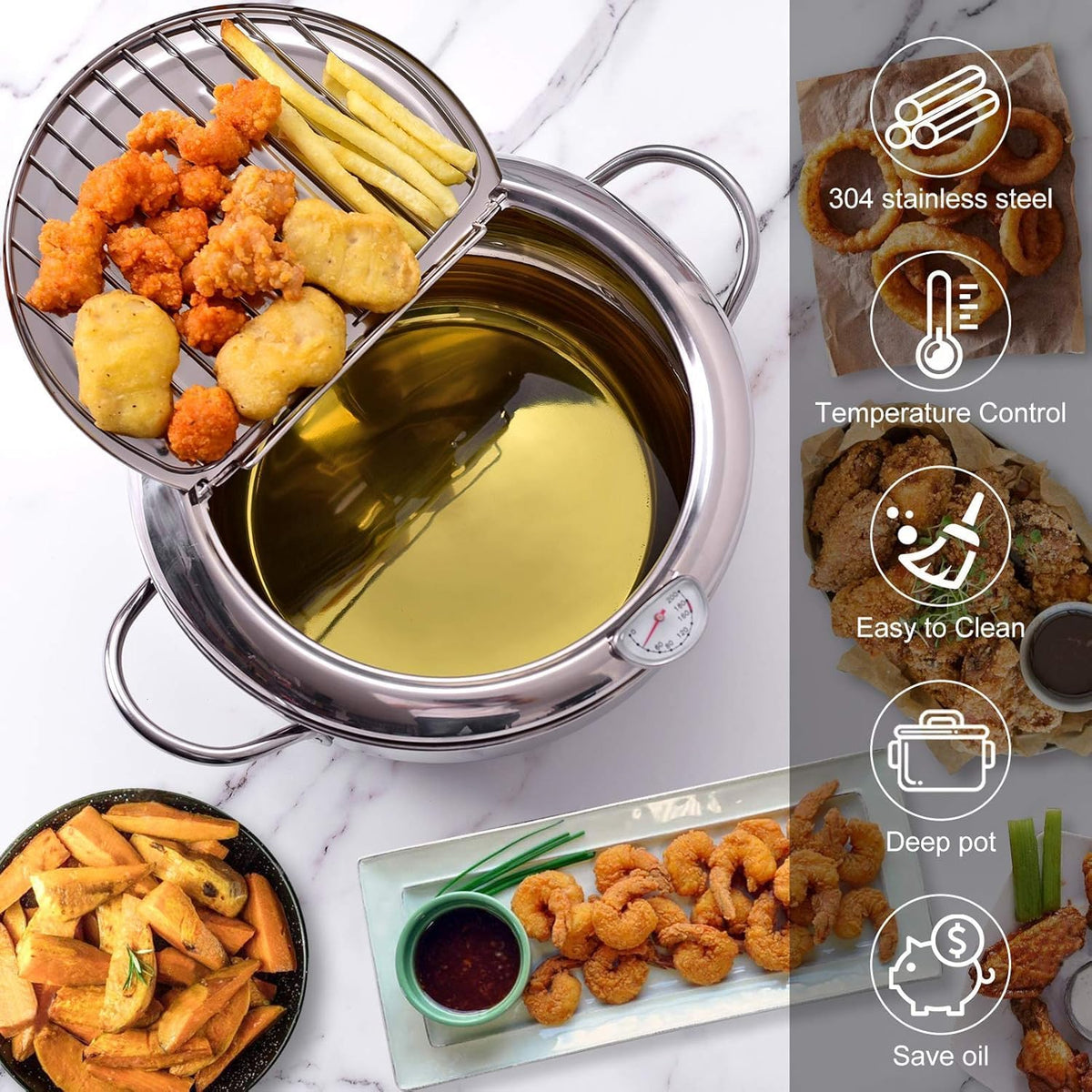 FryMaster™ Stainless Steel Deep-Fry Pot with Draining Rack & Thermometer