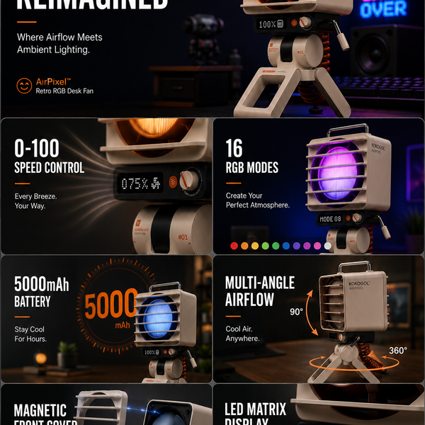 KOKOGOL AirPixel™ Retro RGB Desk Fan with LED Matrix Display & 5000mAh Battery