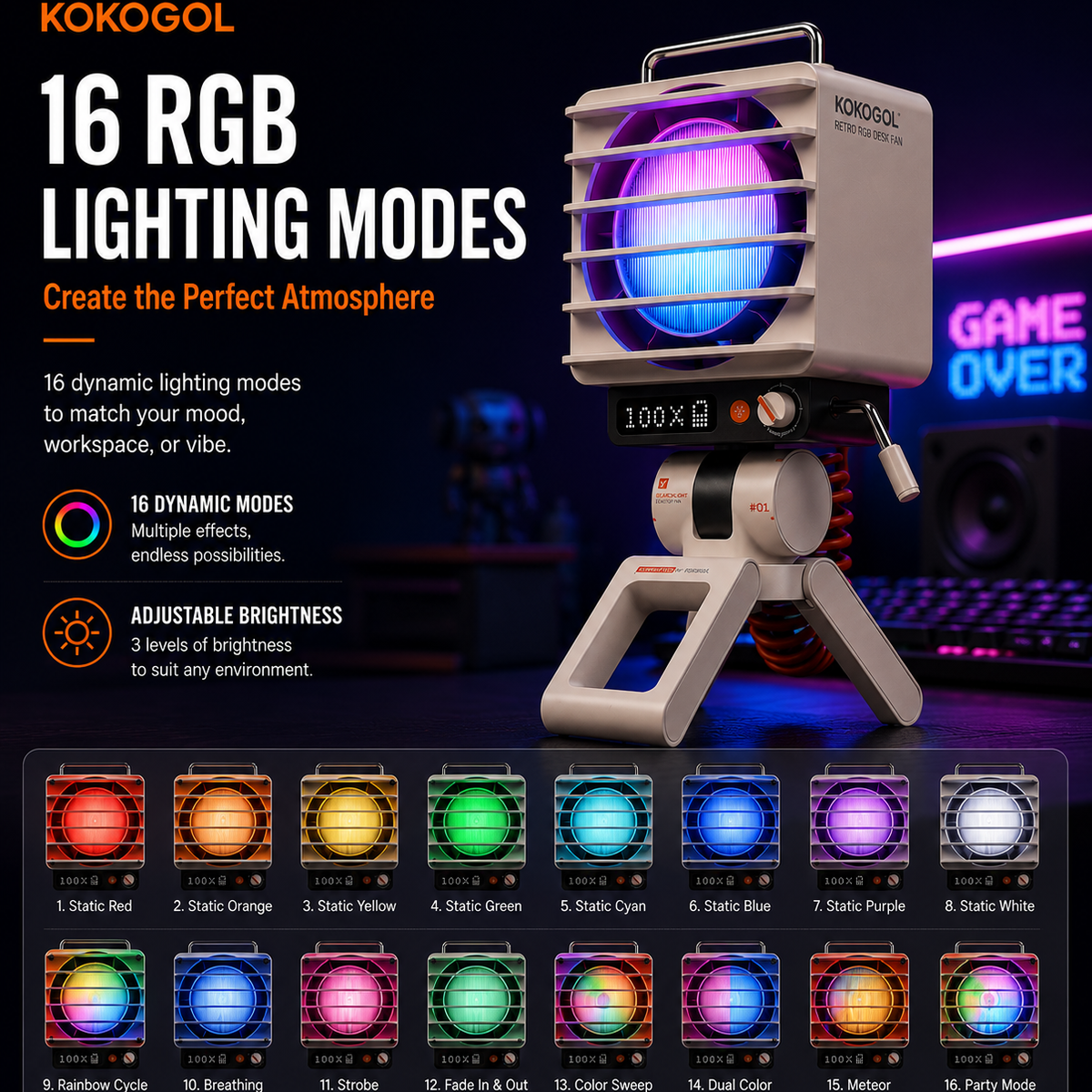 KOKOGOL AirPixel™ Retro RGB Desk Fan with LED Matrix Display & 5000mAh Battery