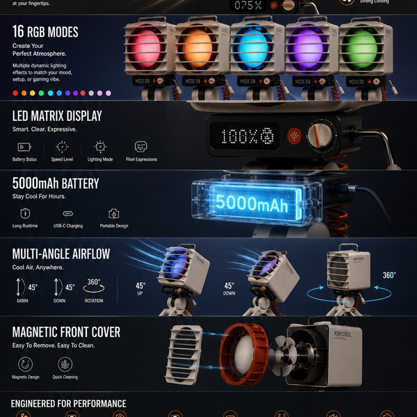 KOKOGOL AirPixel™ Retro RGB Desk Fan with LED Matrix Display & 5000mAh Battery
